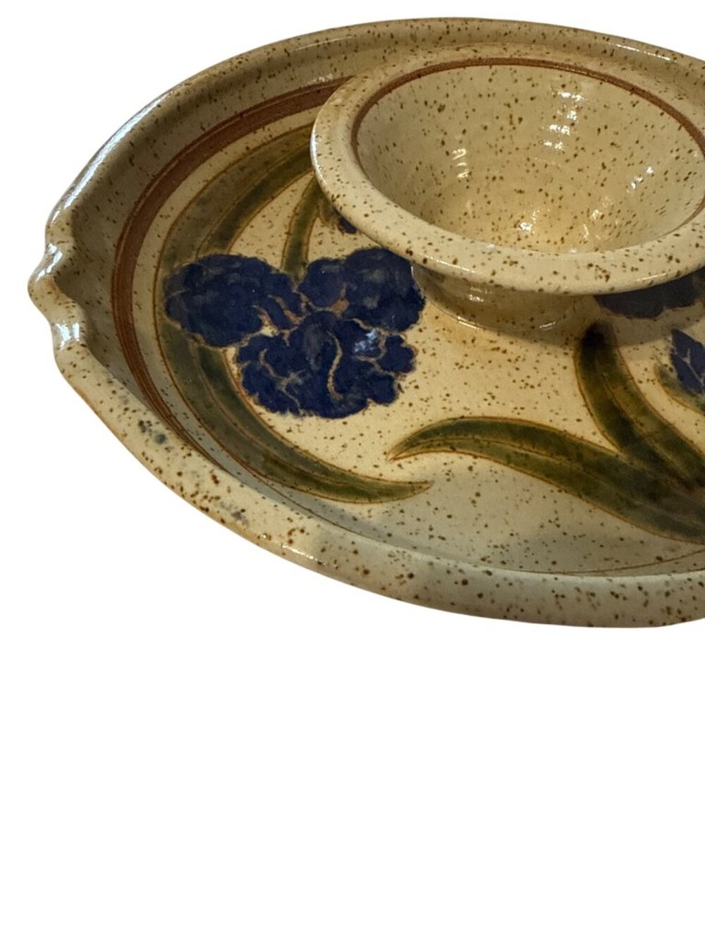 Handcrafted Signed Pottery Chip & Dip Platter With Floral Design 11.5" Diameter - Picture 2 of 6